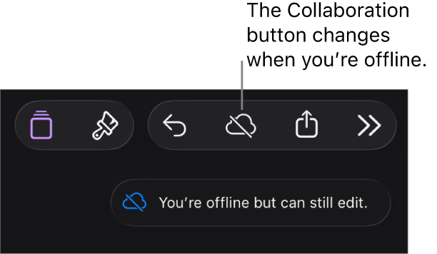 The buttons at the top of the screen, with the Collaboration button changed to a cloud with a diagonal line through it. An alert on the screen says “You’re offline but can still edit.”