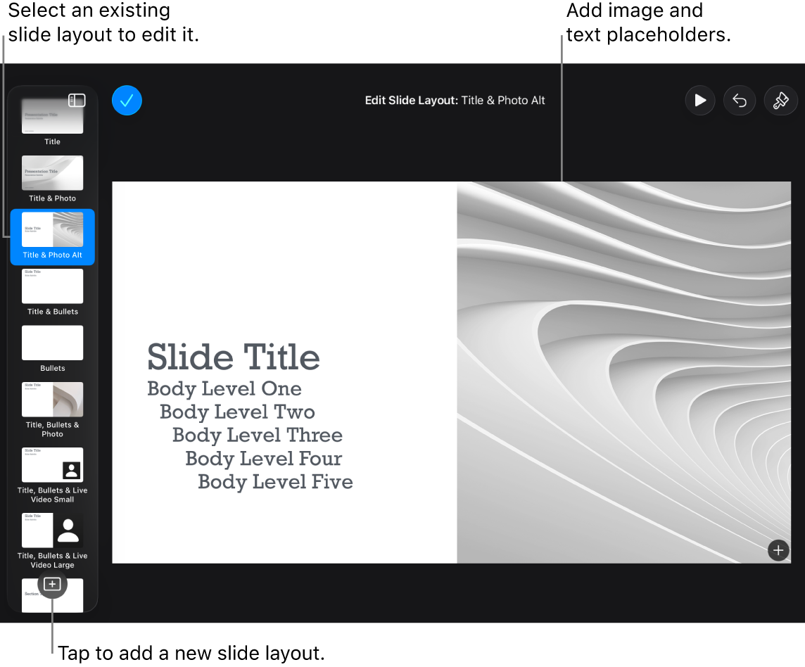 A slide layout showing on the slide canvas, with the Add Slide Layout button at the bottom of the slide navigator.