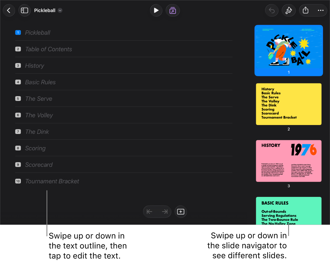 Outline view with a text outline of a presentation on the left side of the screen, and the vertical slide navigator on the right side.