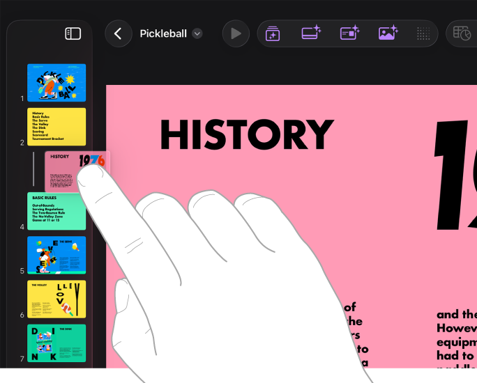Image of a finger dragging a slide thumbnail in the slide navigator.