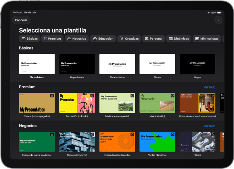 El selector de plantilla muestra una fila de categorías a lo largo de la parte superior en las que puedes tocar para filtrar las opciones. Debajo se encuentran miniaturas de plantillas prediseñadas organizadas por categoría.