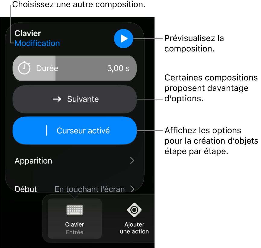 Les options de composition comprennent les options de minutage Durée, Apparition et Début. Touchez Modifier pour sélectionner une autre composition ou touchez Aperçu pour afficher un aperçu de la composition.