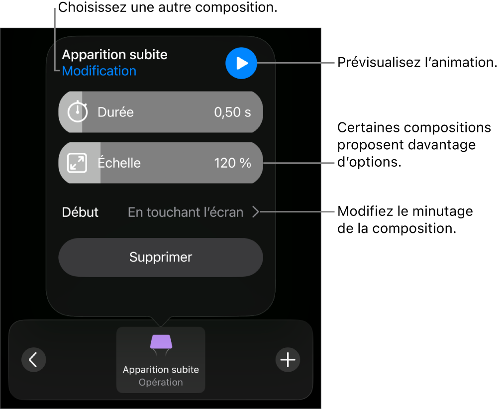Les options de composition comprennent les options de minutage Durée et Début. Touchez Modifier pour sélectionner une autre composition ou touchez Aperçu pour afficher un aperçu de la composition.