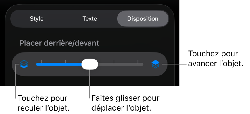Le bouton de déplacement vers l’arrière, le bouton de déplacement vers l’avant et le curseur de superposition.