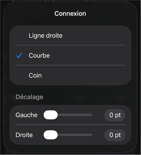 Les commandes Connexion avec l’option Courbe sélectionnée.
