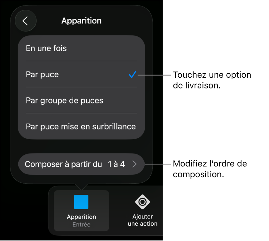 Options d’apparition de la sous-fenêtre Entrée.