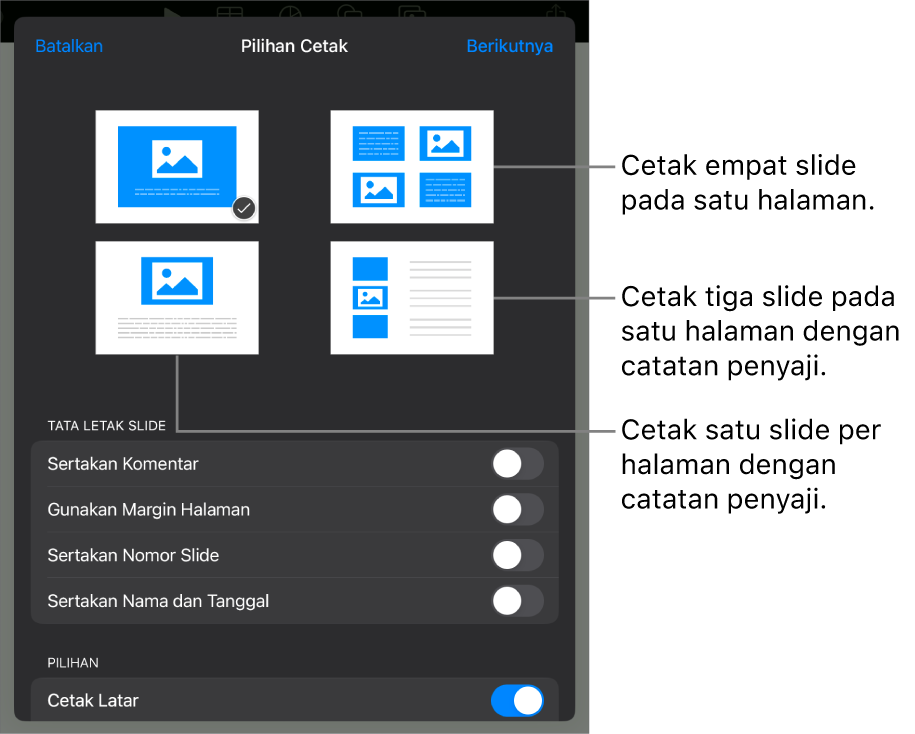 Pilihan tata letak pencetakan.