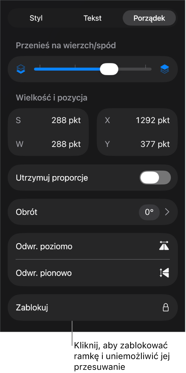 Narzędzia Uporządkuj w menu Format z wyróżnionym przyciskiem Blokuj.