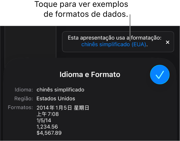 A notificação da configuração diferente de idioma e região, com exemplos de formatação no idioma e região diferentes.