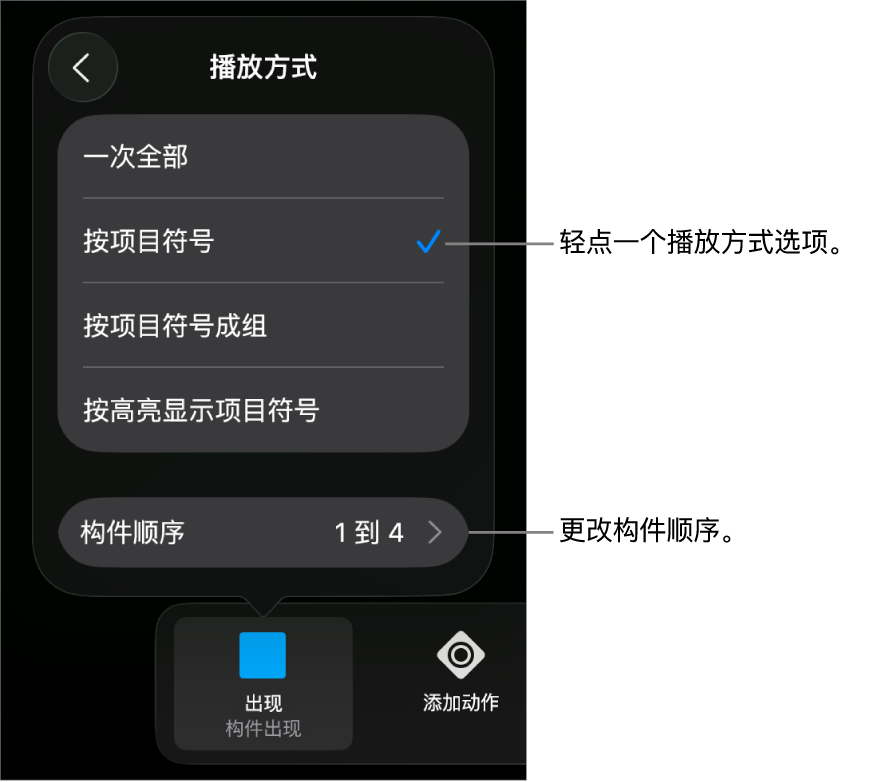 “构件出现”面板中的“播放方式”选项。