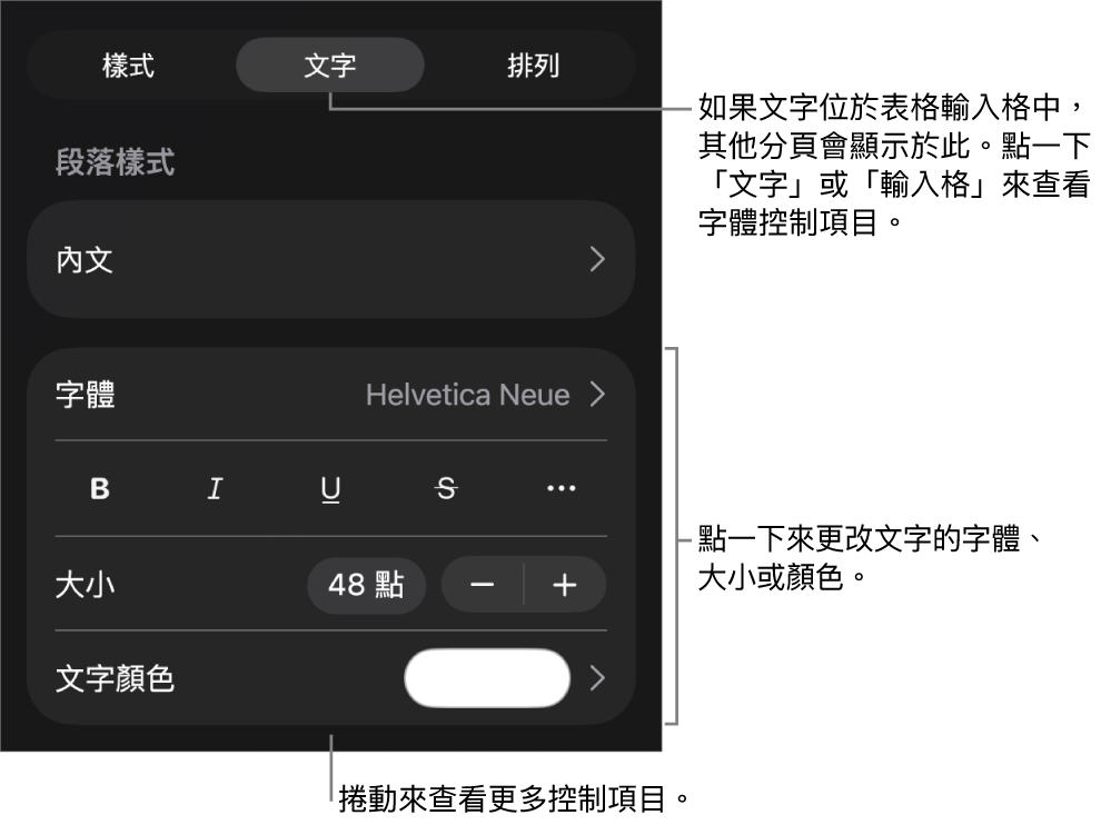 「格式」選單中設定段落及字元樣式、字體、大小和顏色的文字控制項目。