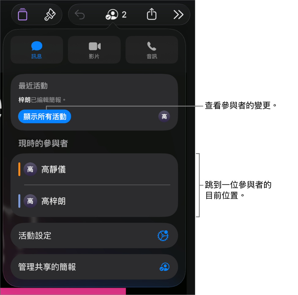 共同編輯選單,其中列出目前的參與者。