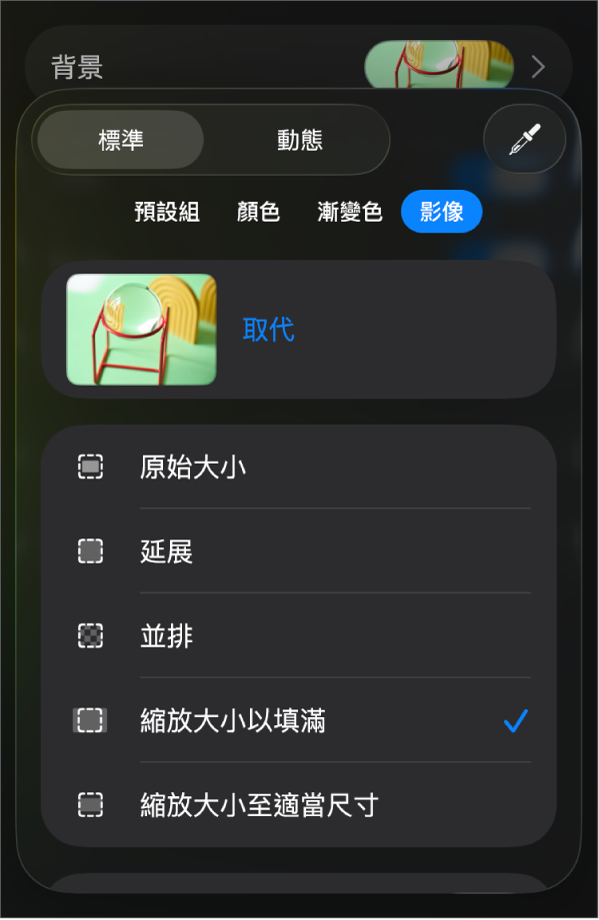 「背景」控制項目，其中一個影像已設定為投影片背景，且「色彩覆疊」控制項目位於底部。