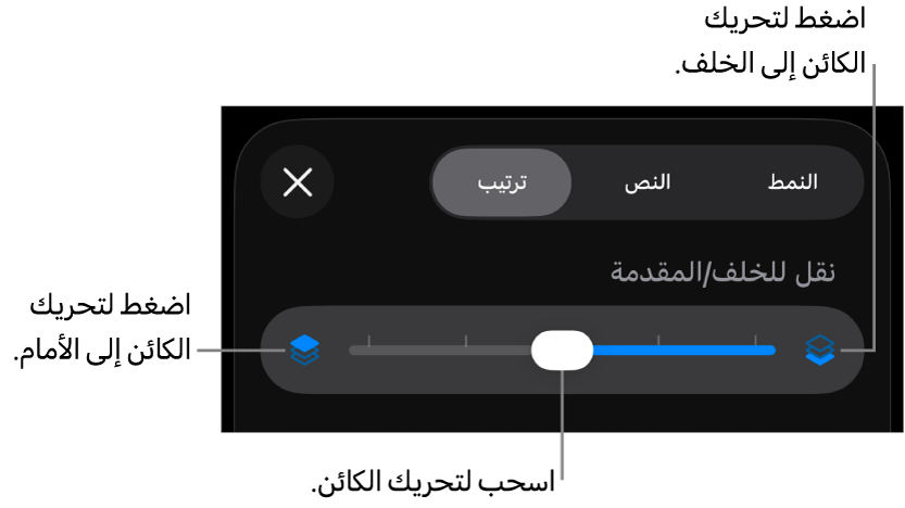 زر تحريك للخلف، وزر تحريك للأمام، وشريط تمرير الطبقة.
