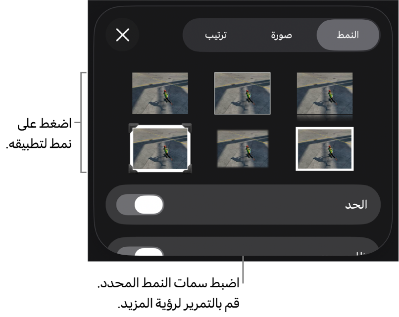 علامة تبويب النمط من قائمة التنسيق مع أنماط الكائنات في الجزء العلوي وعنصر تحكم أدناها لتغيير الحدود.