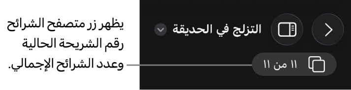 زر متصفح الشرائح يعرض رقم الشريحة الحالية والعدد الإجمالي للشرائح في العرض التقديمي.