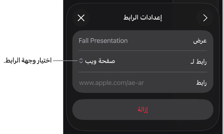 عناصر التحكم في إعدادات الرابط تعرض خيار صفحة الويب محددًا ويظهر زر إزالة في الأسفل.