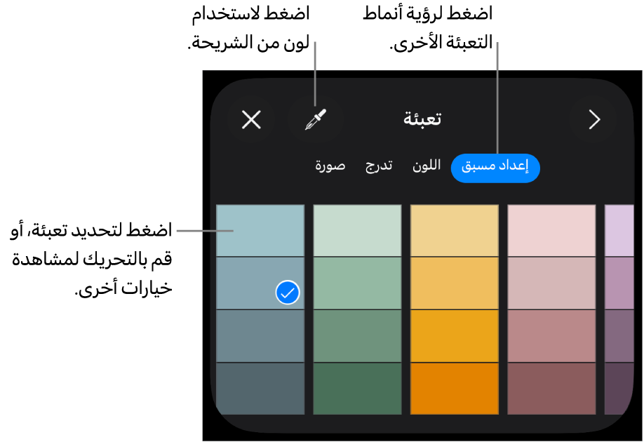 خيارات التعبئة في علامة تبويب النمط.