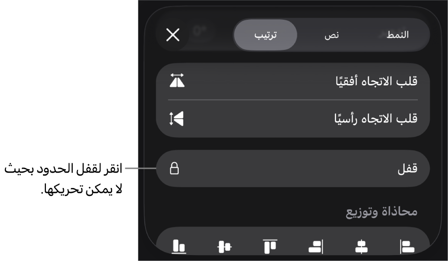 عناصر التحكم في الترتيب في قائمة التنسيق مع وضع وسيلة شرح على زر القفل.