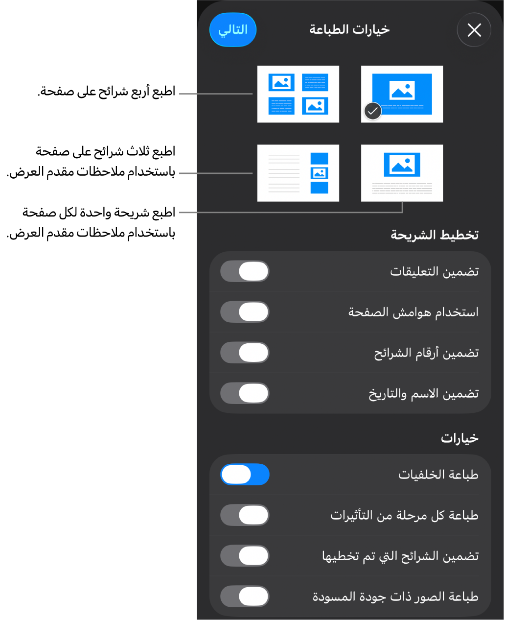 طباعة خيارات التخطيط.