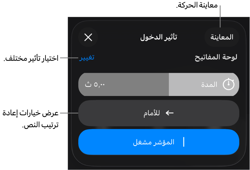 خيارات تأثير الدخول تتضمن المدة وحركة النص والتسليم. اضغط على تغيير لاختيار تأثير مختلف، أو اضغط على معاينة لمعاينة التأثير.