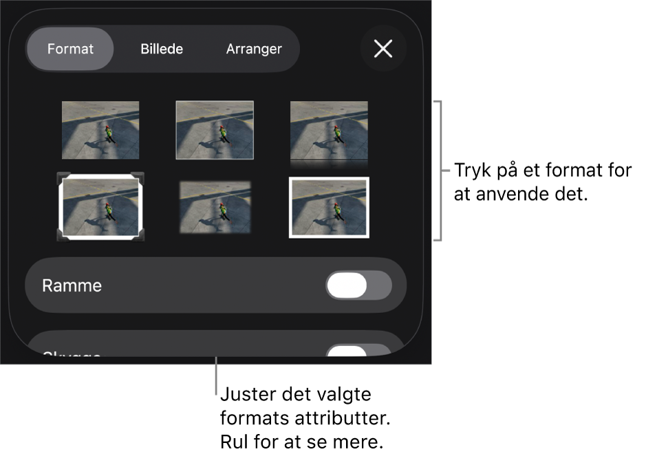 Fanen Format til menuen Format med objektformater øverst og derunder en betjeningsmulighed til ændring af rammen.