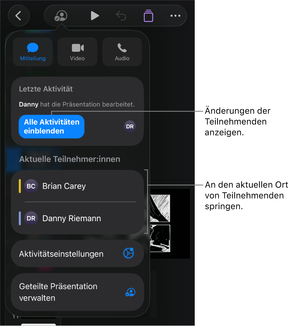 Das Menü „Zusammenarbeiten“ mit einer Liste der aktuellen Teilnehmer:innen.
