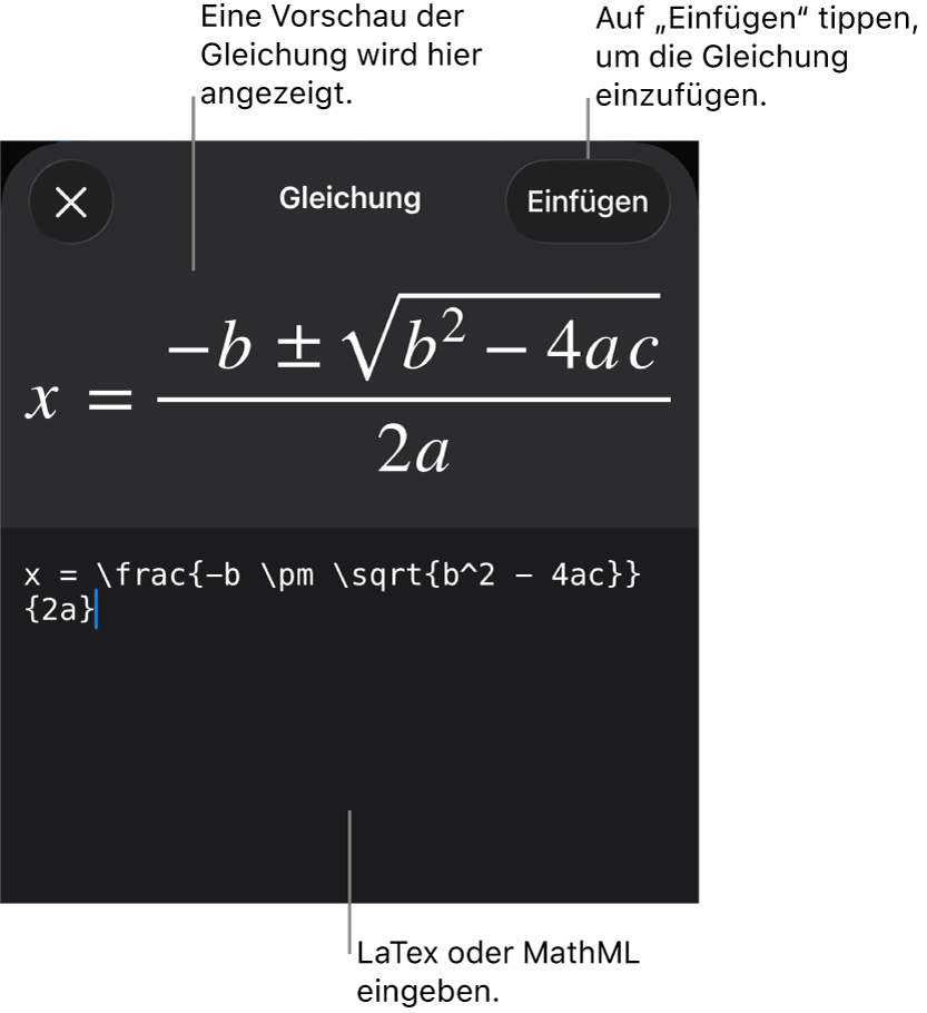 Im Dialogfenster „Gleichung“ wird eine Gleichung angezeigt, die mit MathML-Befehlen geschrieben wurde, darüber wird eine Vorschau der Formel angezeigt.