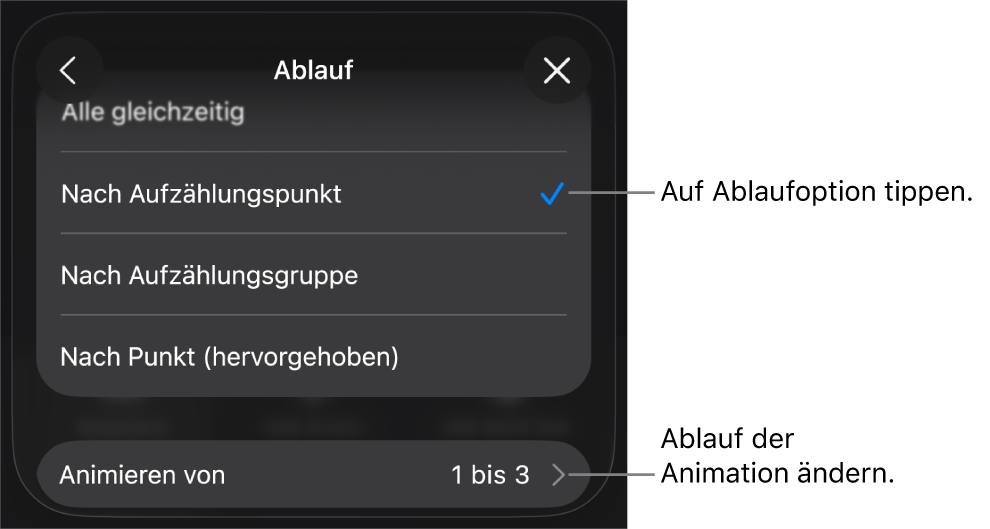 Ablaufoptionen im Bereich „Aufbau“