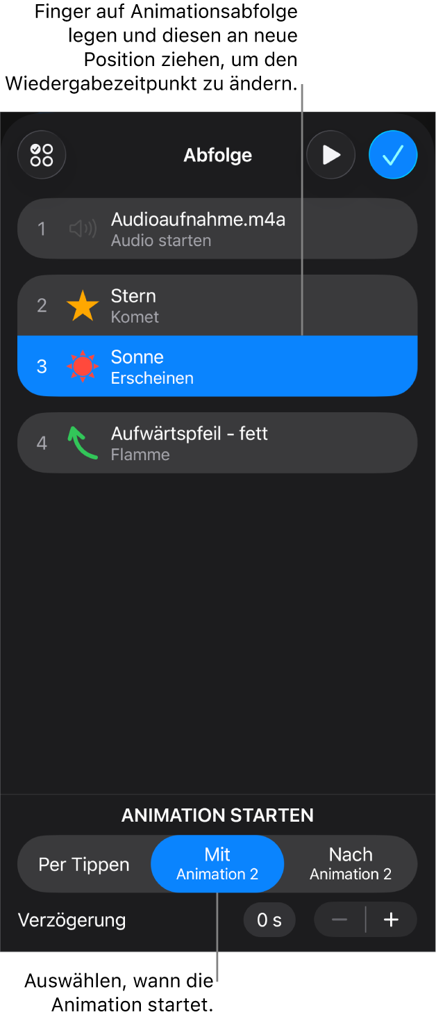 In der Liste „Animationsabfolge“ werden die Aufbaueffekte mit gelben Badges und die Abbaueffekte mit grauen Badges angezeigt