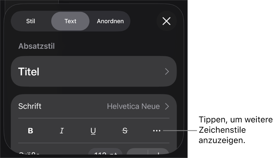 Die Steuerelemente für das Format mit Absatzstilen oben, dann die Steuerelemente für die Schrift. Unter „Schrift“ befinden sich die Tasten „Fett“, „Kursiv“, „Unterstrichen“, „Durchgestrichen“ und „Weitere Textoptionen“.