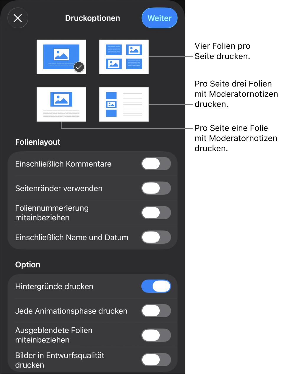Optionen für das Drucklayout.