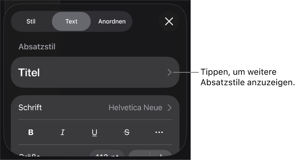Das Menü „Format“ mit Textsteuerelementen zum Festlegen von Absatz- und Zeichenstilen, Schrift, Größe und Farbe