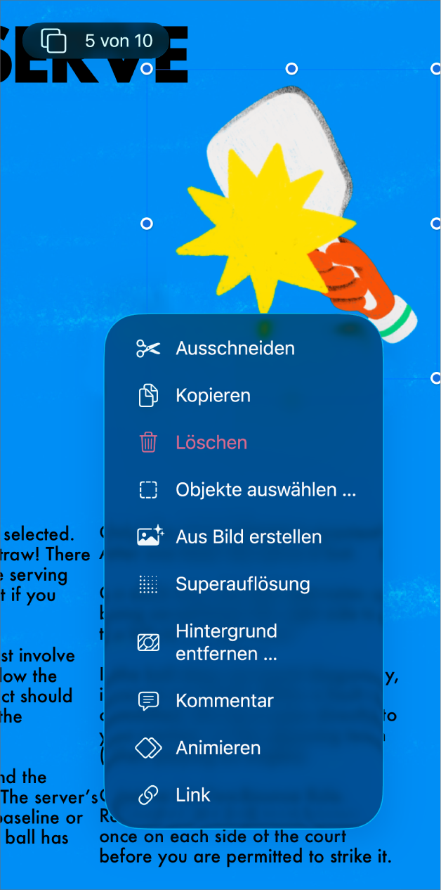 Die App „Keynote“ mit einem ausgewählten Objekt. Die Taste „Animieren“ wird im Menü über dem ausgewählten Objekt angezeigt.