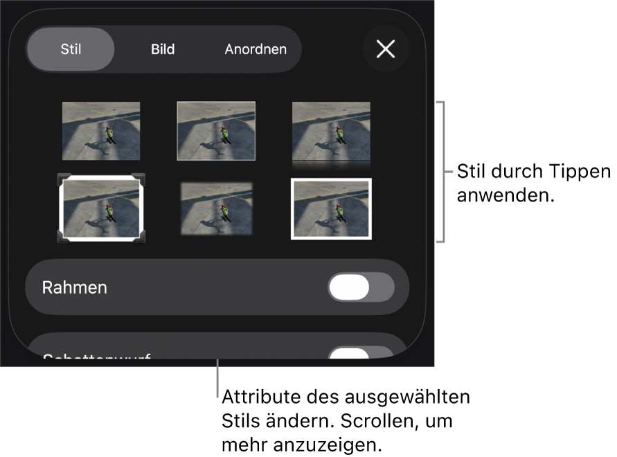 Der Tab „Stil“ des Menüs „Format“ mit Objektstilen oben und darunter einem Steuerelement zum Ändern des Rahmens