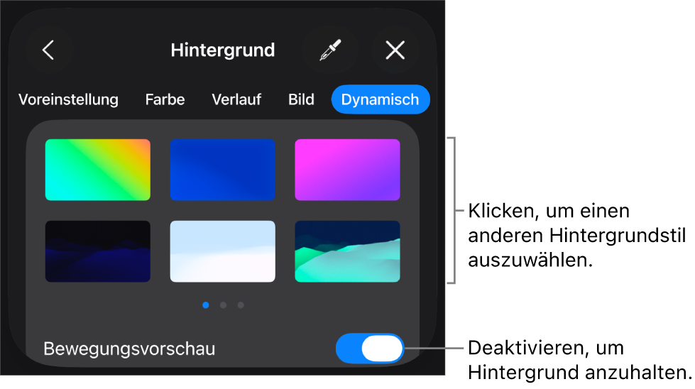 Die Steuerelemente für den dynamischen Hintergrund mit den Miniaturen der Hintergrundstile und der Taste „Bewegungsvorschau“.