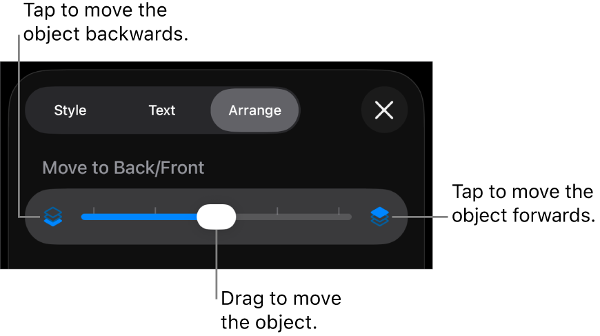 The Move Backward button, the Move Forward button and the layering slider.