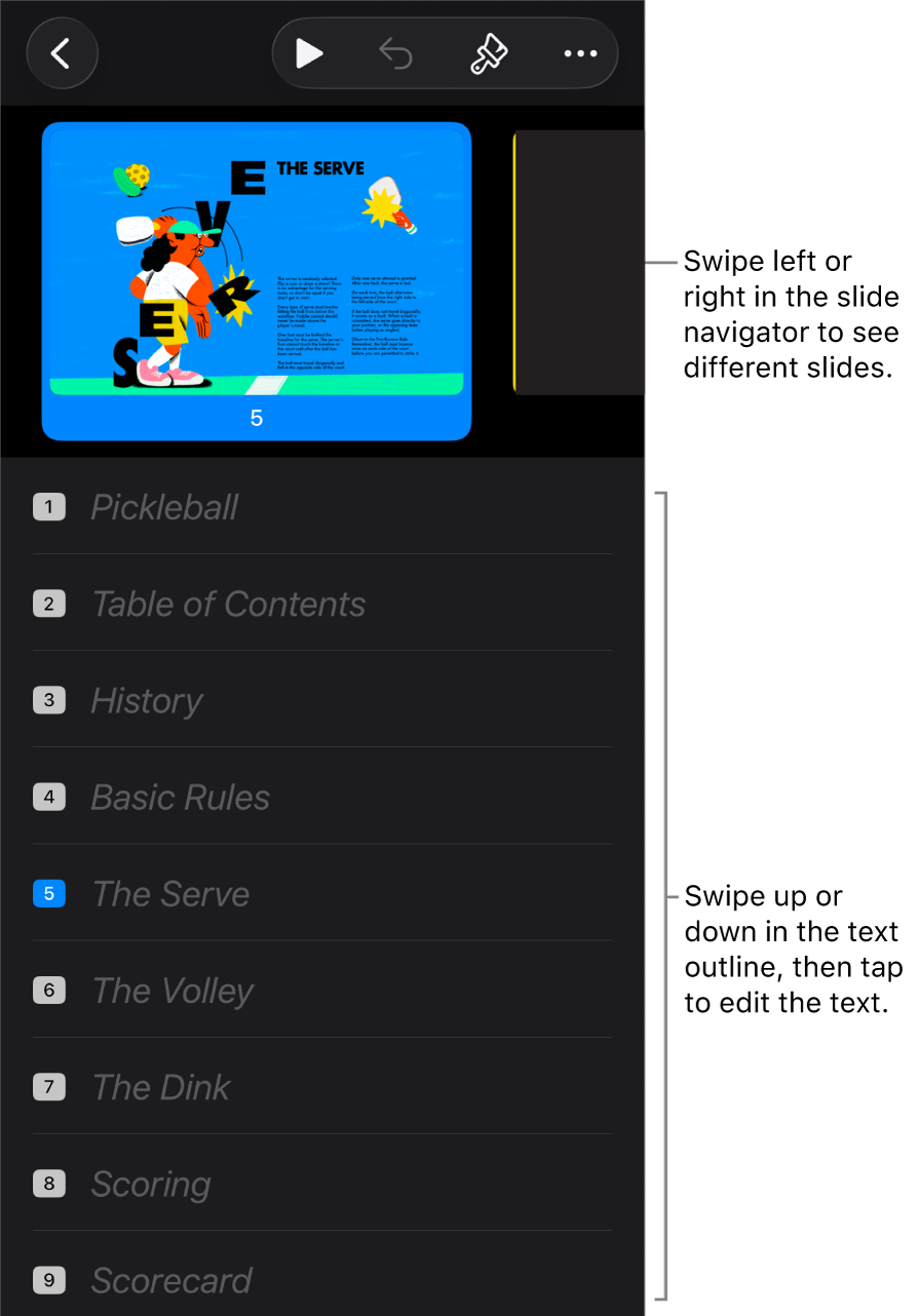 Outline view with the horizontal slide navigator at the top of the screen, and a text outline of a presentation at the bottom.