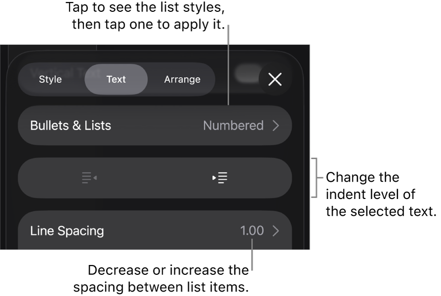 The Bullets & Lists section of the Format controls with callouts to Bullets & Lists, outdent and indent buttons, and line spacing controls.