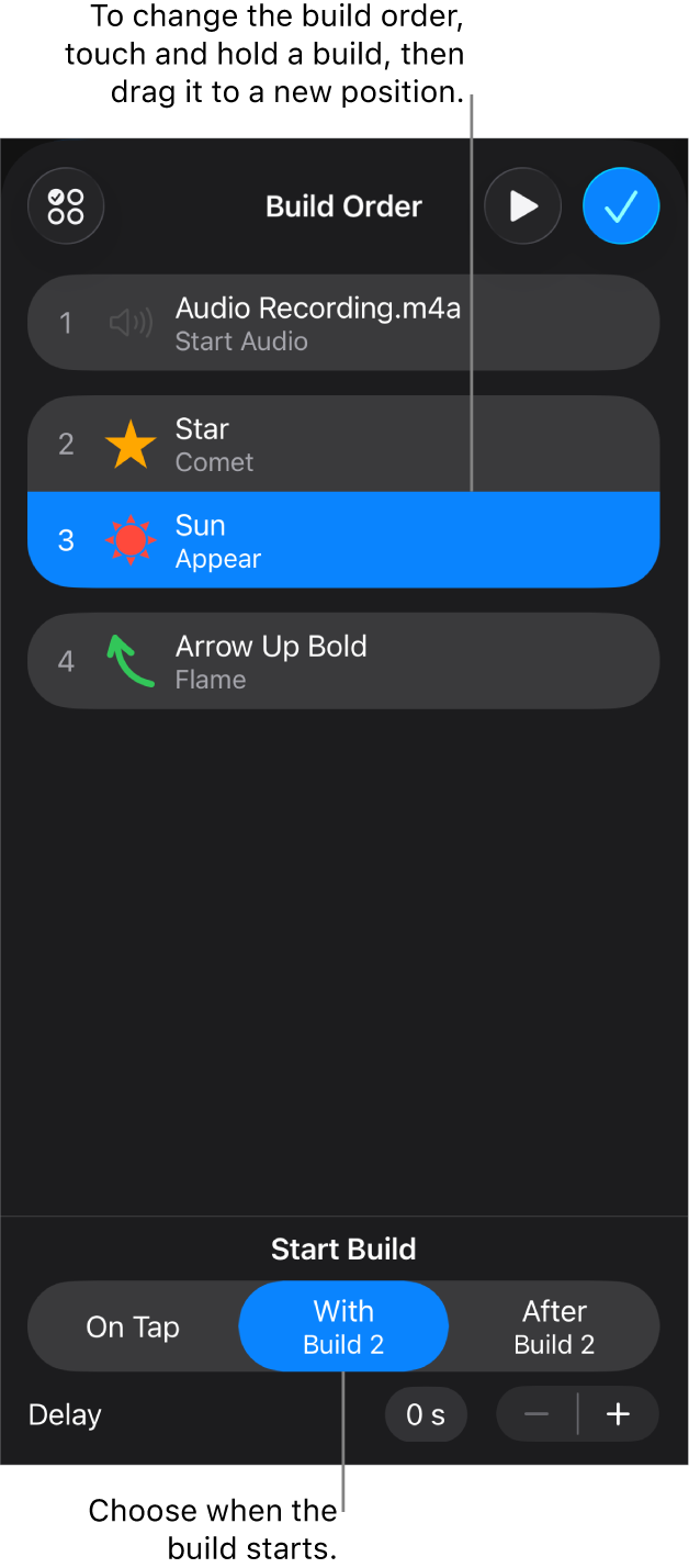 The Build Order list showing build in effects with yellow badges and build out effects with gray badges.