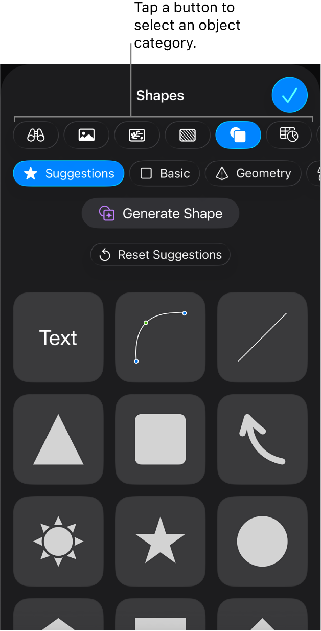 The controls for adding an object, with buttons at the top to choose tables, charts, shapes (including lines and text boxes), and media.