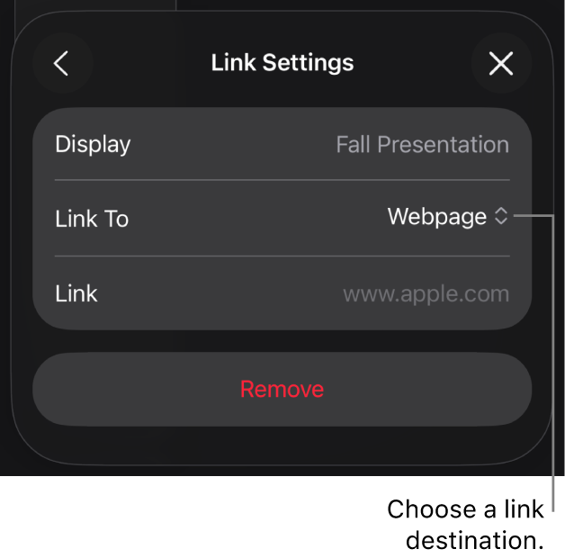 The Link Settings controls with Webpage selected, and the Remove button at the bottom.