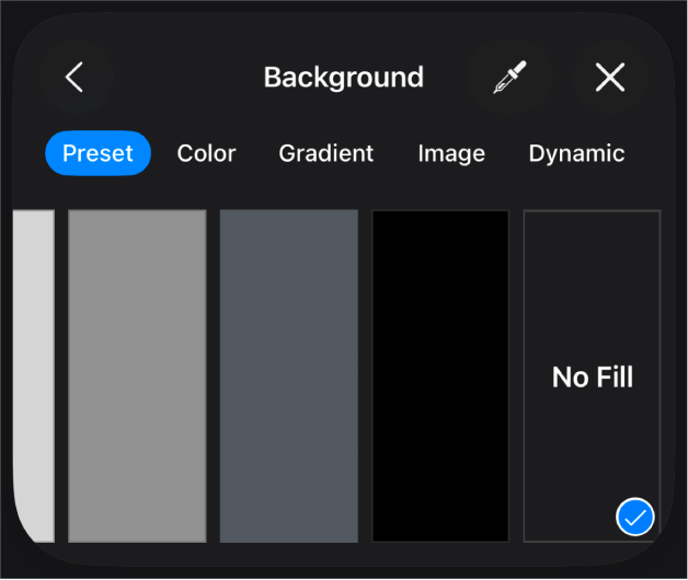 The Fill controls with No Fill selected.