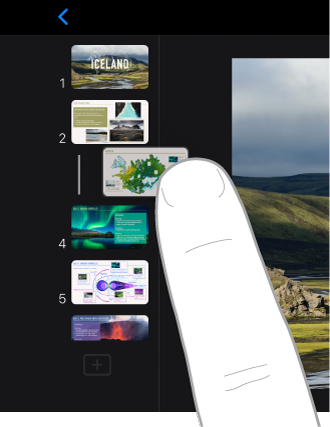 Image of a finger dragging a slide thumbnail in the slide navigator.