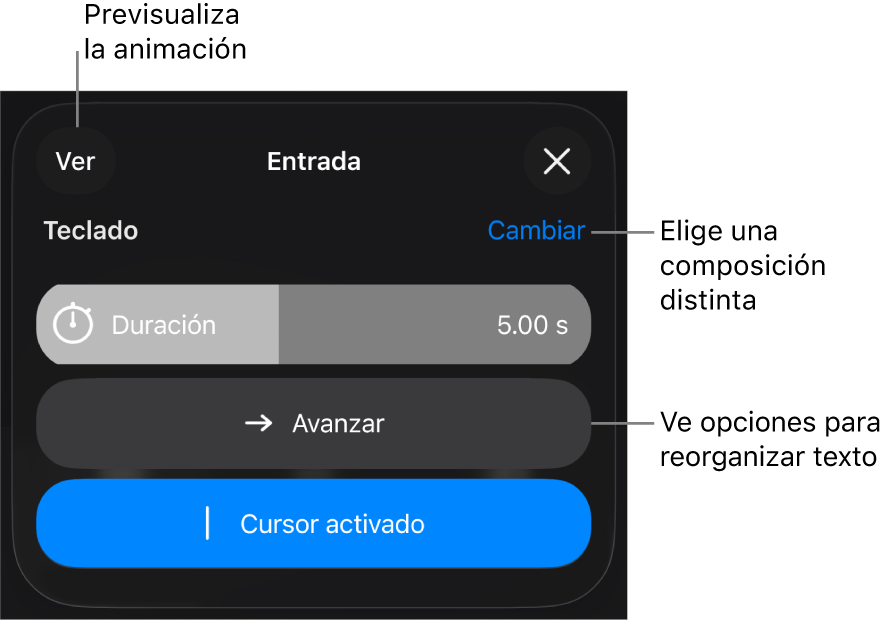 Las opciones de Entrada incluyen Duración, Animación del texto y Entrega. Toca Cambiar para seleccionar una composición distinta, o toca Vista previa para obtener una vista previa de la composición.