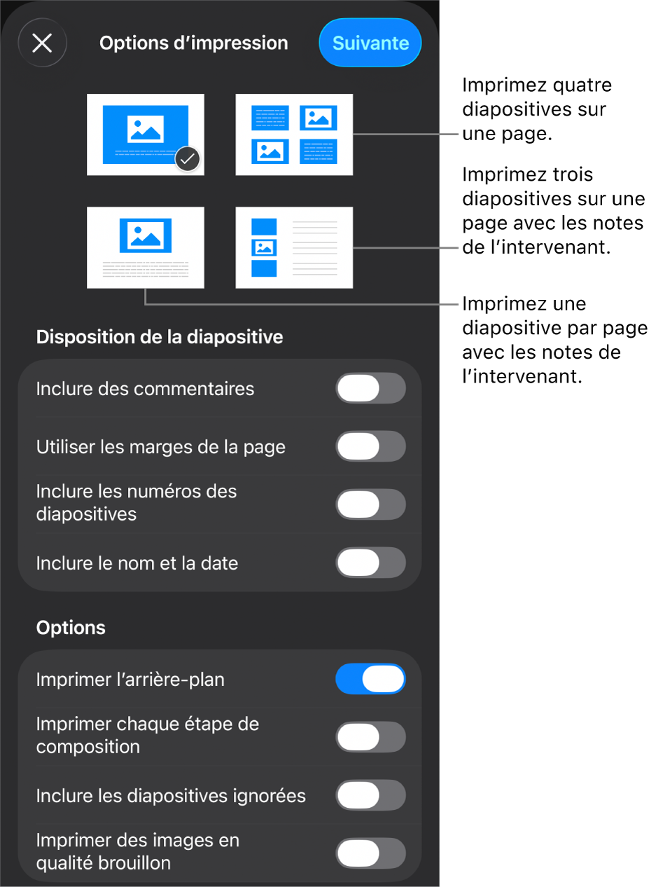 Options de disposition d’impression.