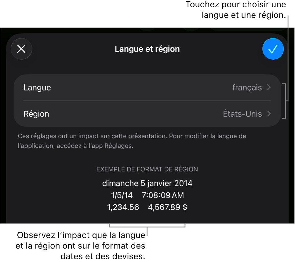 La sous-fenêtre Langue et région présentant des commandes de langue et de région, ainsi qu’un exemple de mise en forme comprenant date, heure, affichage des décimales et devise.