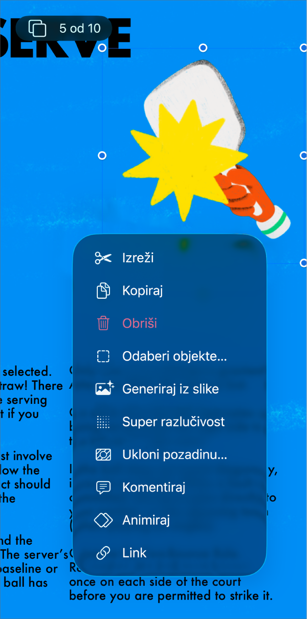 Aplikacija Keynote s odabranim objektom. Tipka Animiraj prikazuje se u izborniku iznad odabranog objekta.