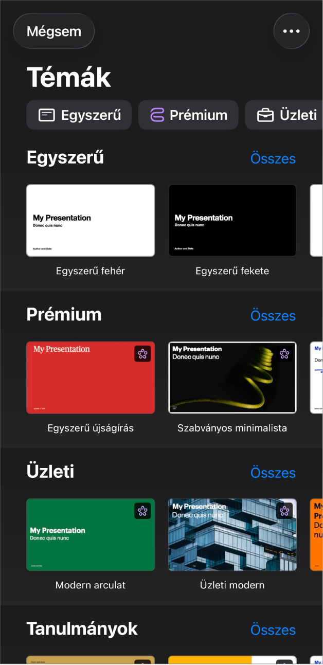 A témaválasztó, a kategóriák sorával a felső részén, ahonnan a szűrési feltételek választhatók ki. Alattuk előre elkészített témák bélyegképei láthatók, kategóriákba rendezett sorokban.