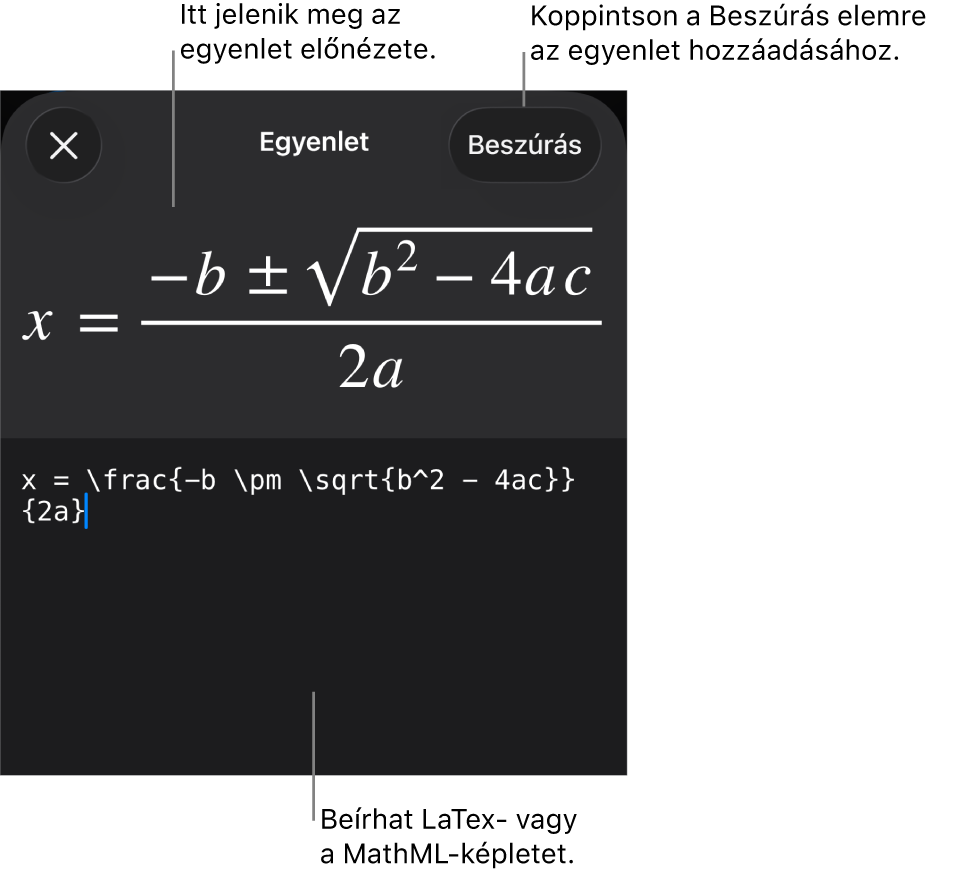 Az Egyenlet párbeszédpanel, amelyen egy, a MathML-parancsok használatával írt egyenlet, felül pedig az egyenlet előnézete látható.
